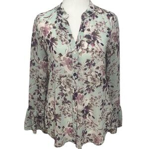 Kut from the Kloth Green Long Sleeve Ruffled Blouse with Notched Collar